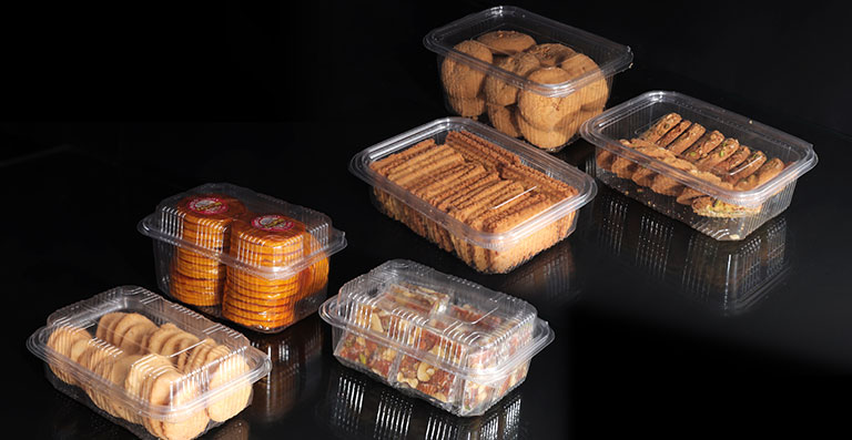 Transparent hinged plastic box packaging for food items