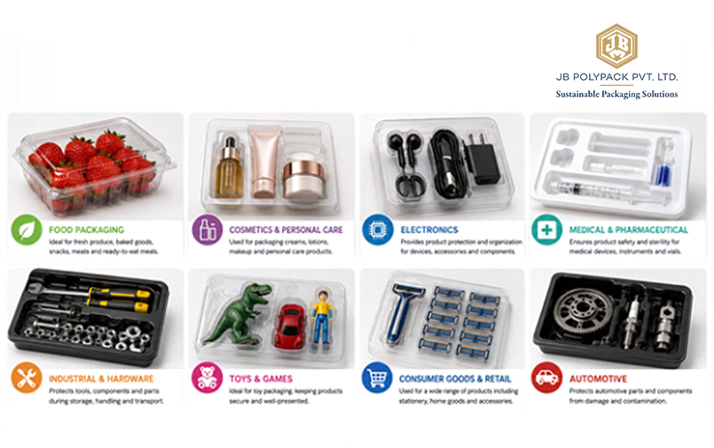JB Polypack thermoformed plastic packaging applications for food, cosmetics, retail, and electronics