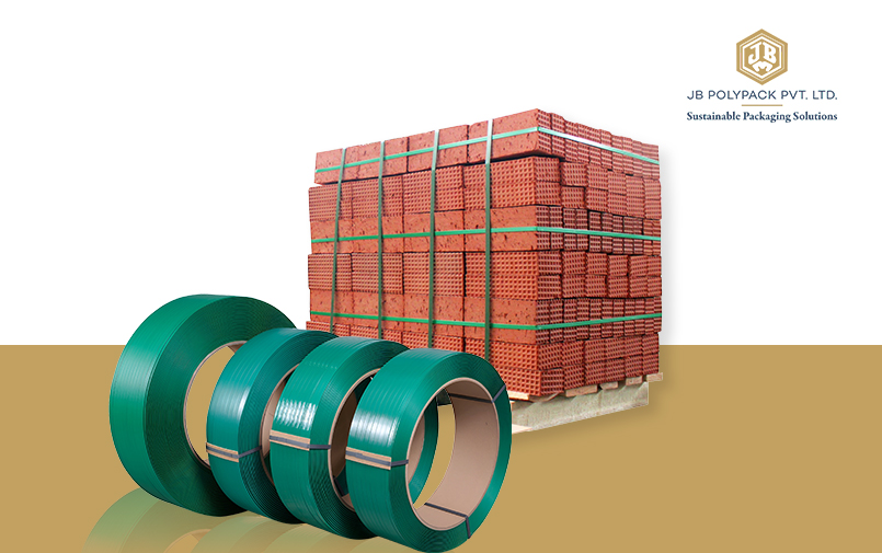 Green PET strap rolls used for industrial packaging and load securing solutions