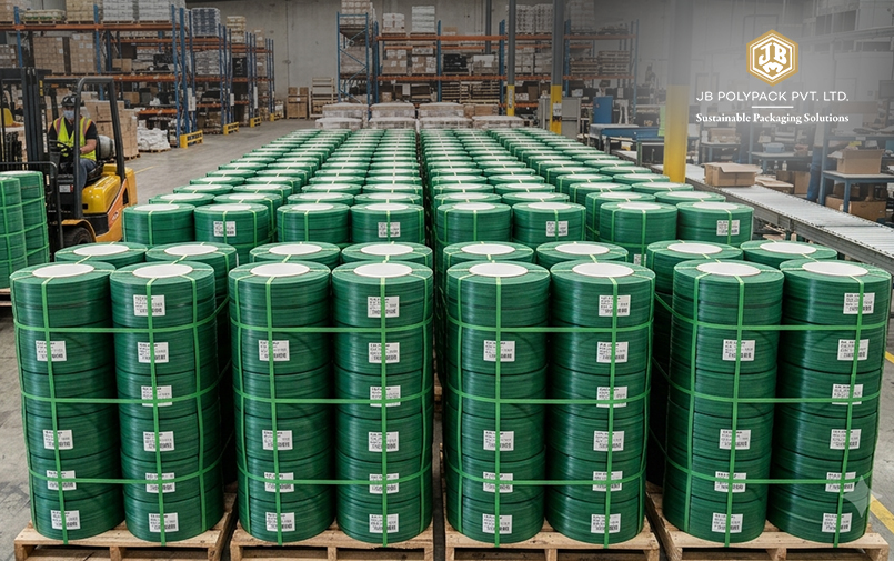 Industrial warehouse storing PET strapping rolls for sustainable packaging solutions