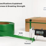 PET strap specifications showing width, thickness, and breaking strength measurement for packaging applications