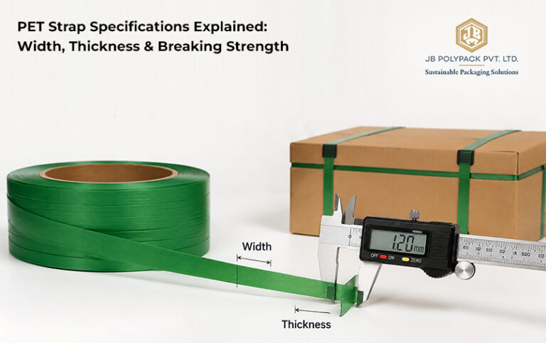 PET strap specifications showing width, thickness, and breaking strength measurement for packaging applications