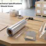 PET sheet rolls and transparent samples with measuring tools for technical specification testing