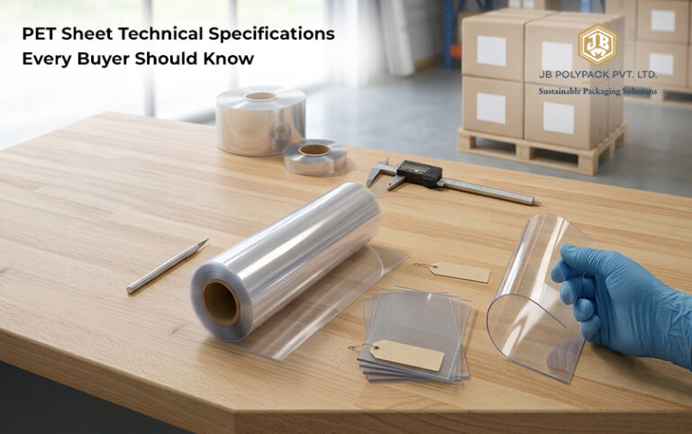 PET sheet rolls and transparent samples with measuring tools for technical specification testing