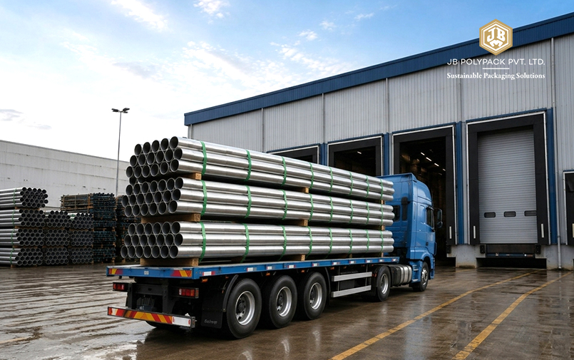 Truck carrying bundled metal pipes outside the JB Polypack factory