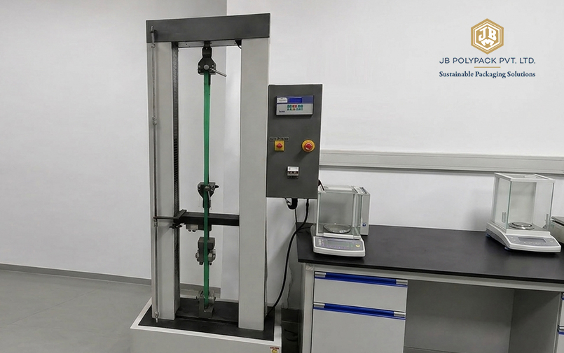 Strapping material undergoing a tensile test in the JB Polypack laboratory