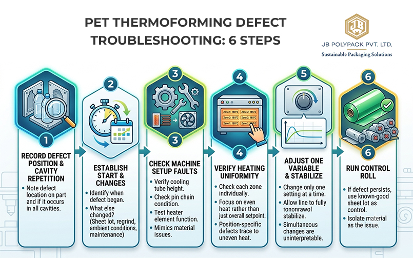 PET thermoforming defect troubleshooting process in six manufacturing steps