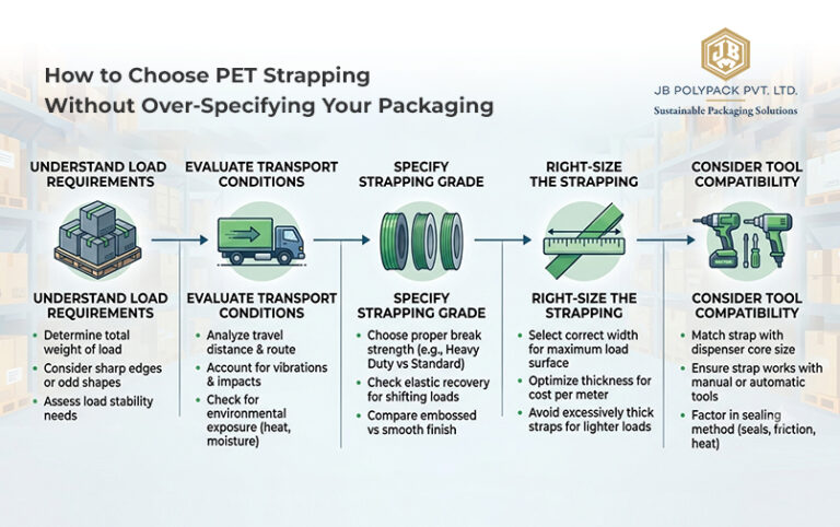 Five-step guide to choosing PET strapping based on load, transport conditions, grade, size and tool compatibility