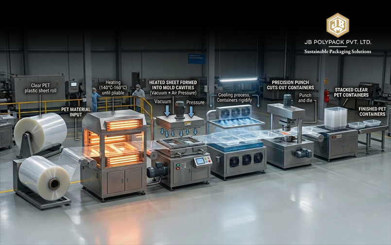 PET thermoforming production line showing sheet heating, moulding, cooling, cutting and container stacking