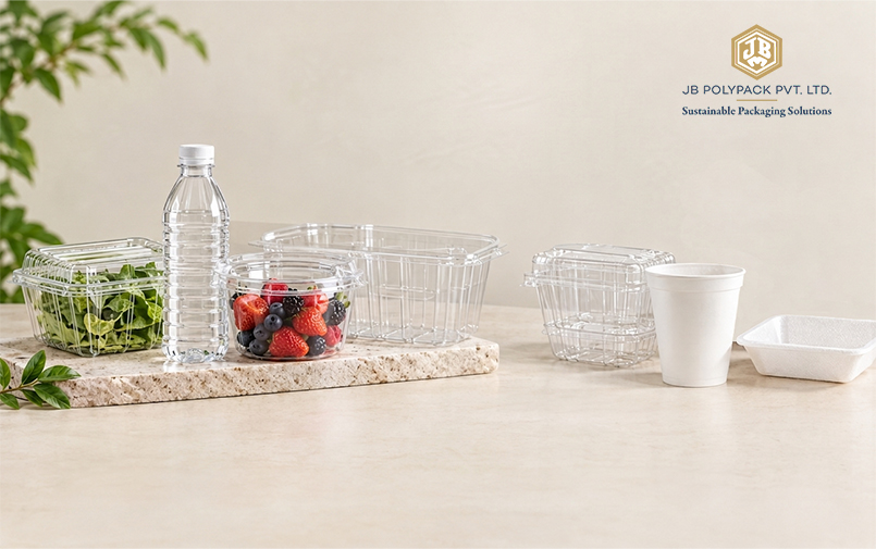 JB Polypack packaging range featuring clear food containers, a water bottle, a white cup and a tray