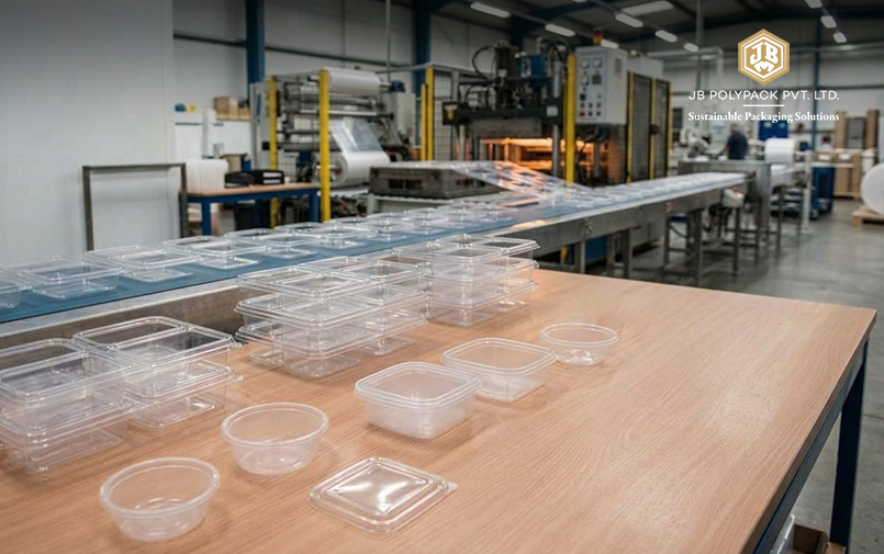 Clear plastic food containers and lids beside a thermoforming production line