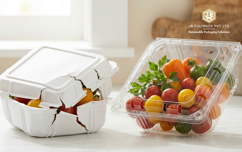 Cracked white food container beside an intact clear container, both holding fresh vegetables