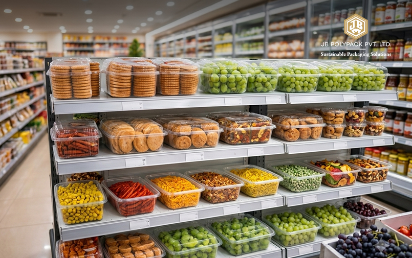 Clear food containers holding biscuits, snacks and grapes on supermarket shelves
