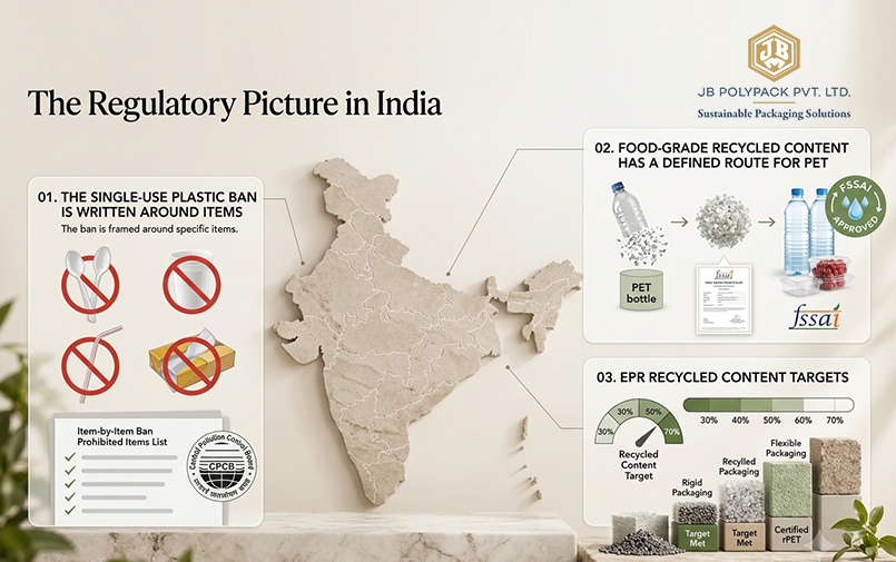 Infographic outlining India’s single-use plastic restrictions, food-grade recycled PET and EPR recycled content targets