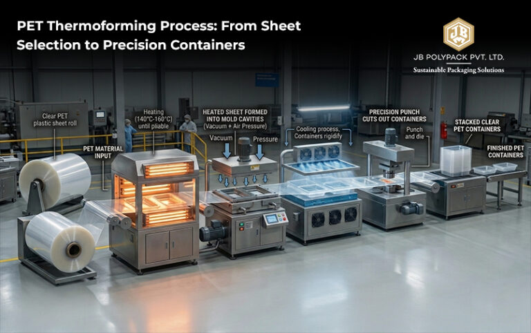 JB Polypack PET thermoforming process from plastic sheet rolls to finished clear containers