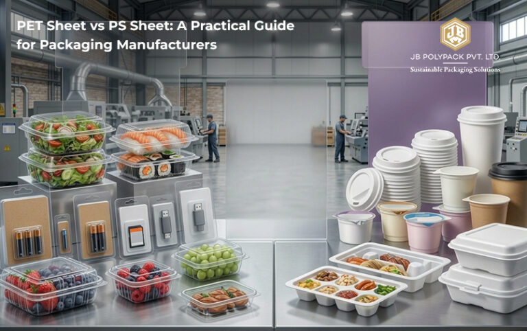 PET sheet vs PS sheet packaging comparison showing clear food containers, blister packs, cups and takeaway trays
